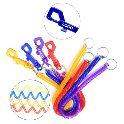 12" Spring Coil Keychain Retractable Plastic Bungee Cord w/Key Ring & Plastic P Shape Trigger Hook