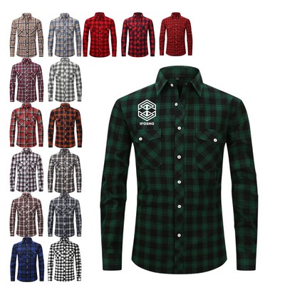 Men's Western Casual Button Down Regular Fit Long Sleeve Double Pocket Plaid Casual Flannel Shirt