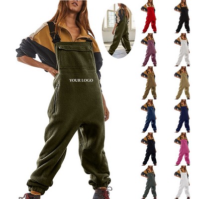 Womens Fleece Overalls One-piece Bibs Jumpsuits