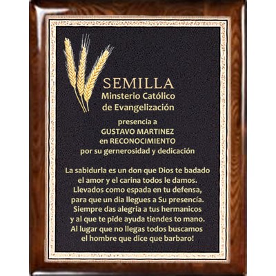 Walnut Piano Finish Plaque, Black-Gold Brass Florentine Plate, 7"x9"