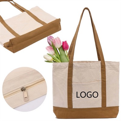 Canvas Zipper Tote Bag With Front Pocket