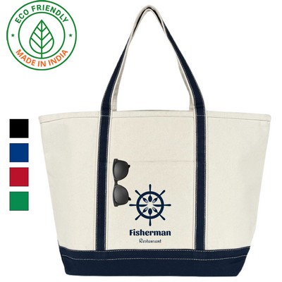 20 oz Cotton Canvas Boat Bag Navy Blue Trim - Eco Friendly Anchor Zipper Top Tote - 24 x 15 x 8.5