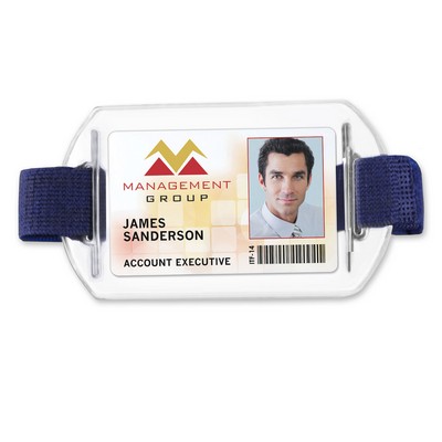 Horizontal Armband-Style Vinyl Badge Holder with Blue Strap