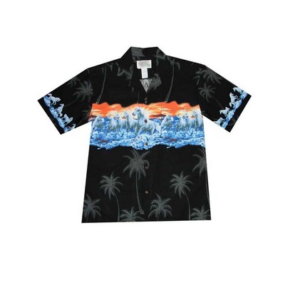 Black Hawaiian Border Print Cotton Poplin Shirt w/ Button Front