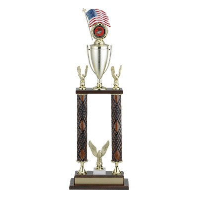 29" Two Column Walnut Finish Trophy w/Eagle Trim & Cup Takes Insert