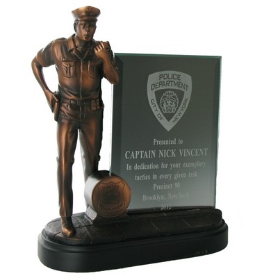 8¼" Electroplated Bronze Police Officer Trophy w/Glass Insert