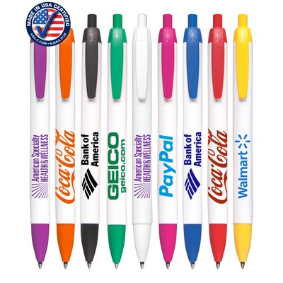 Union Printed - USA Made - Wide Body White Click Pen with Colored Trim - 1-Color Logo