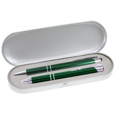 JJ Series Stylus Pen and Pencil Gift Set in Silver Tin Gift Box with Hinge Cover - Green pen