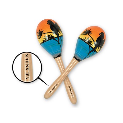 8" Wooden Tropical Fun Party Maraca's w/ Custom Direct Pad Printed Imprint on Handle