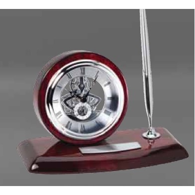 Rosewood Desk Clock & Pen w/Skeleton Movement