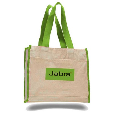 Natural Canvas Tote with Front Pocket & Lime Handles (Printed)