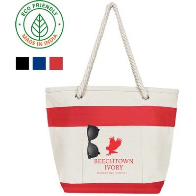 16 oz Cotton Canvas Tote Bag Red Trim - Eco Friendly Nautical Rope Tote 18 x 13 x 7