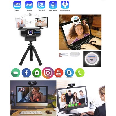 Kidder Webcam with Microphone for Desktop or Laptop Computers + Mini Ring Light (Black)