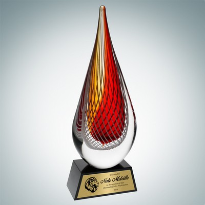 Art Glass Red Orange Narrow Teardrop Award w/Black Base and Gold Plate