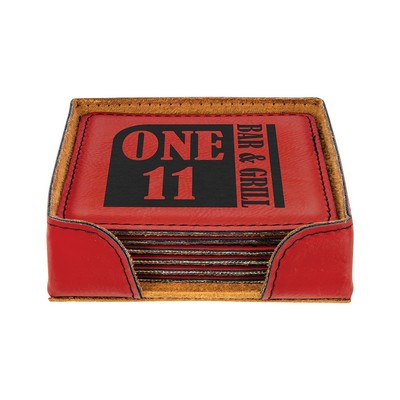 Red Leatherette Square 6-Coaster Set