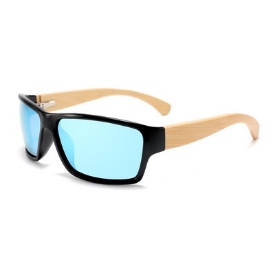 Bamboo Sunglasses - Blue Mirror Lenses - Black Frames