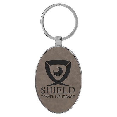 3" x 1 3/4" Laserable Leatherette/Metal Gray Oval Keychain