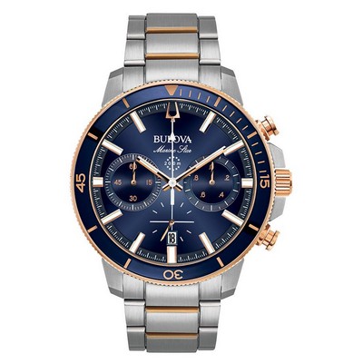 Bulova® Men's Marine Two Tone Rose Gold Watch w/Blue Dial