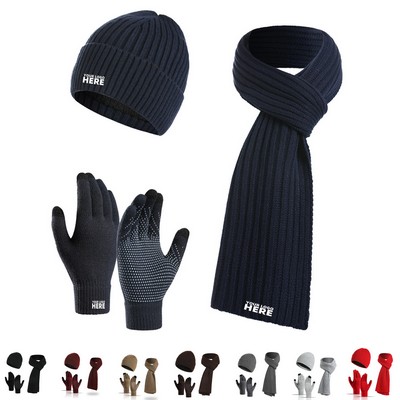 Winter Knit Hat Beanie Long Scarf Touchscreen Gloves Set