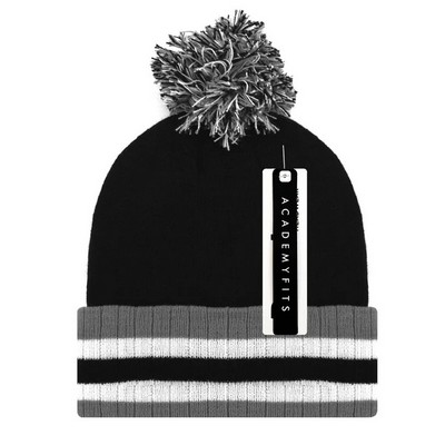 Academy Fits Pom Pom Knit Beanie w/Striped Cuff