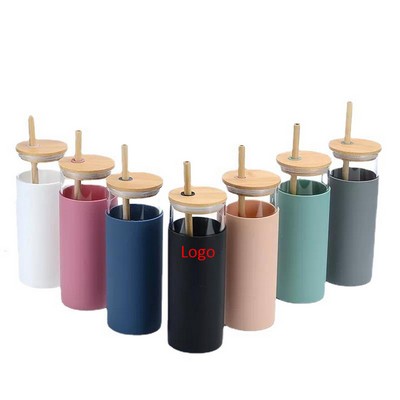 17oz Glass Tumbler with Silicone Sleeve, Bamboo Lid, and Straw