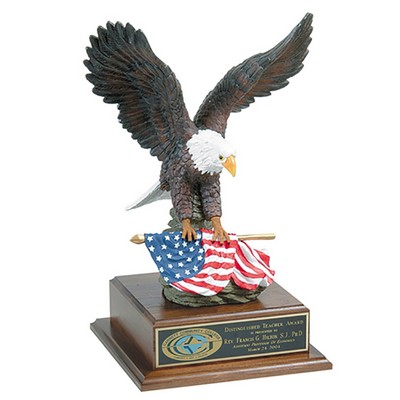 15" Perched Eagle w/ Flag in Claw on Wood Stand