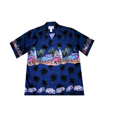 Navy Hawaiian Border Print Cotton Poplin Shirt w/ Button Front