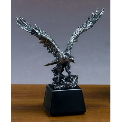 Medium Antique Silver Tint Eagle on Rock Trophy w/Upturned Wing (10"x11.5")