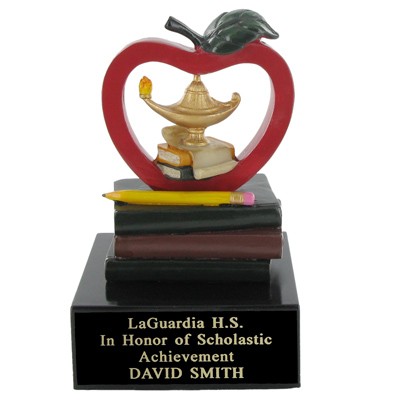 5" Apple, Lamp & Books Scholastic Trophy w/Black Plate