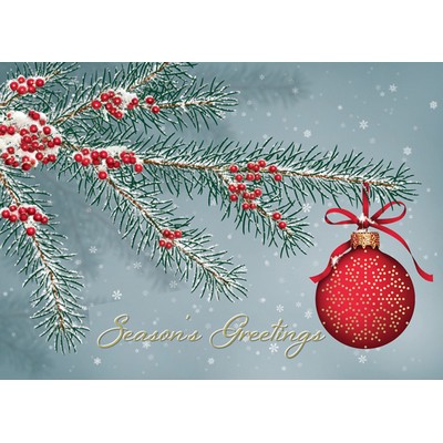 Red Ornament on Snow Flecked Outdoor Evergreen Holiday Card