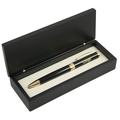 Glossy Black Ballpoint Pen with Gold Cut Accents