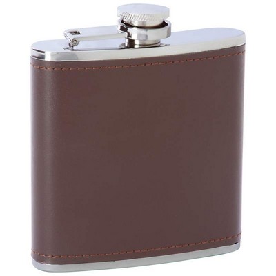 6 oz. Stainless Steel Flask w/Brown Genuine Leather Wrap