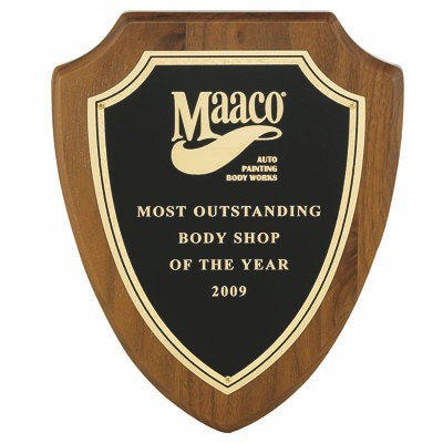 Walnut Finish Shield Plaque w/Black Screened Frosted Plate (7¾"x9-3/8")