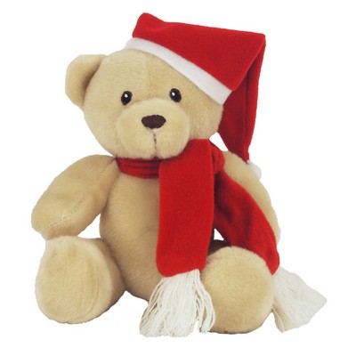 6" Tan Honey Bear Stuffed Animal w/Santa Hat and Scarf