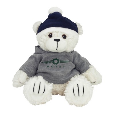 8" White Curly Bear Stuffed Animal w/Hooded Sweatshirt, Hat & One Color Imprint