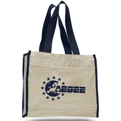 Natural Canvas Tote with Front Pocket & Navy Handles (Printed)