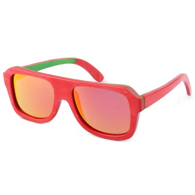 Square Layered Maple Wood Sunglasses - Red Frames & Mirrored Lenses