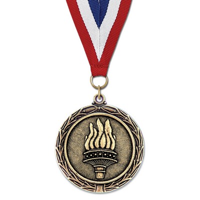 2 1/4" Torch LX Medal w/ Red/White/Blue or Year Grosgrain Neck Ribbon