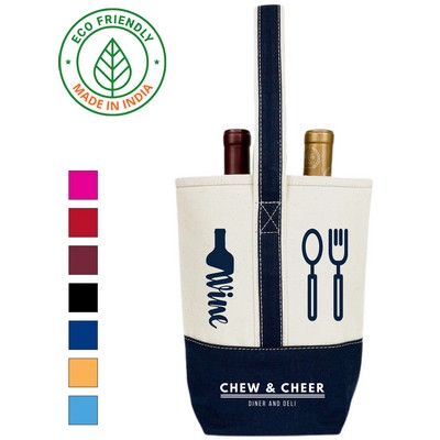 16 oz Cotton Canvas Two Bottle Wine Tote Navy Blue - Eco Friendly Premium Wine Bag 10 x 8.5 x 3.5 in