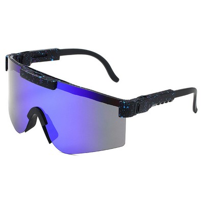 Goggle Sunglasses - Blue Mirror Lenses - Black Frames