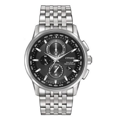 Citizen® Men's World Chronograph A-T Eco-Drive® Stainless Steel Watch w/Black Dial