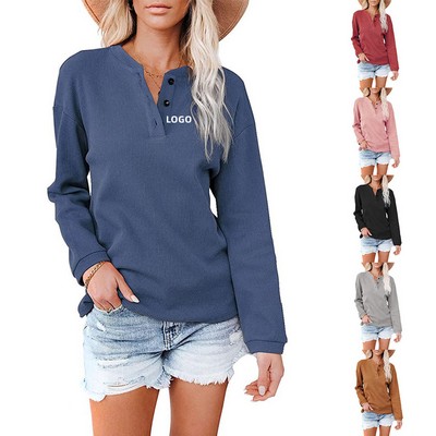 Women's Long Sleeve Henley Button Down V Neck Loose Fit Shirt