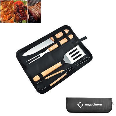 4 Piece Wooden Handle Stainless Steel Bbq Tool Kit