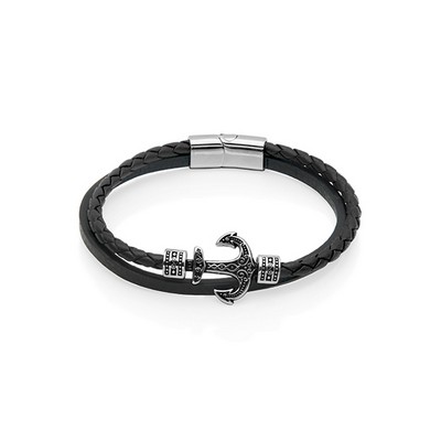 CJ Steelx Black Leather Double Row Anchor Bracelet - Black