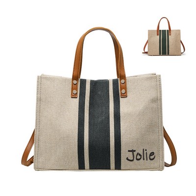 Woven Label Straw Tote Bag With Leather Belt