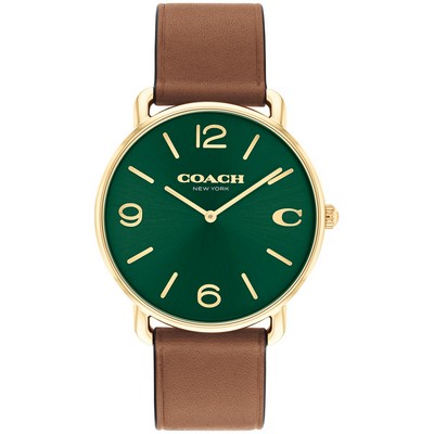 Coach® Gentleman's Elliott Gold Plated Watch w/Green Dial & Saddle Brown Leather Strap