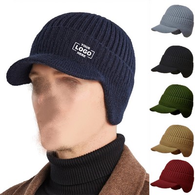 Warm Winter Beanie Hat with Earflaps and Visor