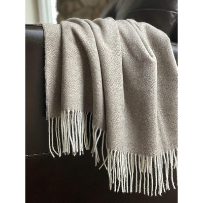 Wool Throw Blanket Geo Herringbone Pattern Oversized