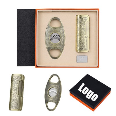 Cigar Cutter Set Embossed Metal Alloy Lighter