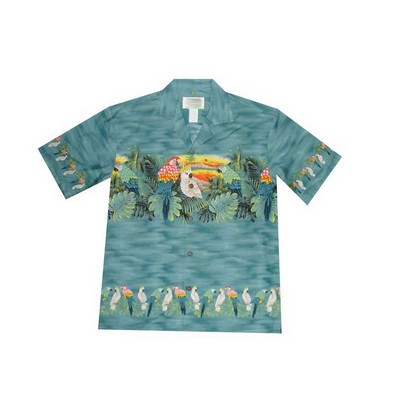 Green Hawaiian Border Print Cotton Poplin Shirt w/ Button Front